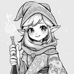 Anime style greyscale illustration of a female gnome warlock portrayed from the shoulders up