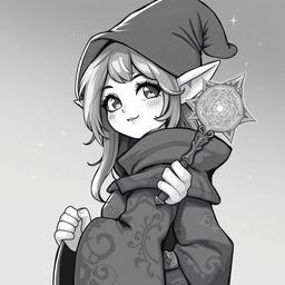 Anime style greyscale illustration of a female gnome warlock portrayed from the shoulders up