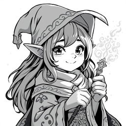 Anime style greyscale illustration of a female gnome warlock portrayed from the shoulders up