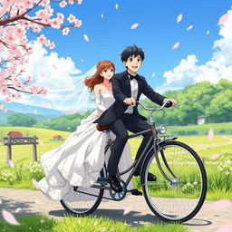 A romantic anime scene depicting a newlywed couple driving a stylish vintage bicycle through a serene countryside setting