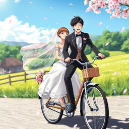 A romantic anime scene depicting a newlywed couple driving a stylish vintage bicycle through a serene countryside setting