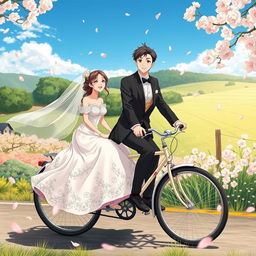 A romantic anime scene depicting a newlywed couple driving a stylish vintage bicycle through a serene countryside setting