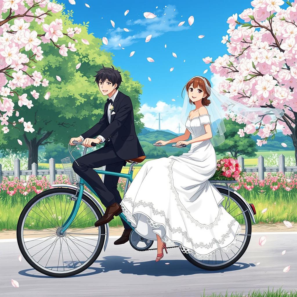 A romantic anime scene depicting a newlywed couple driving a stylish vintage bicycle through a serene countryside setting