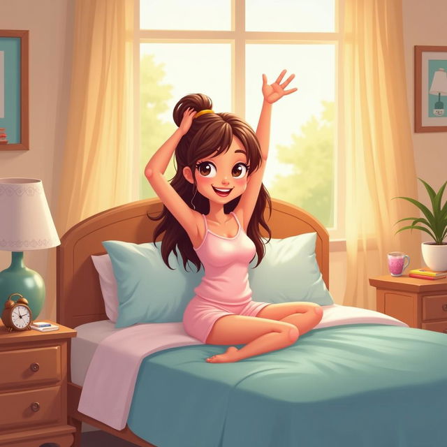 A cartoon woman with brown hair and big eyes, resembling the woman from the image, waking up in the morning