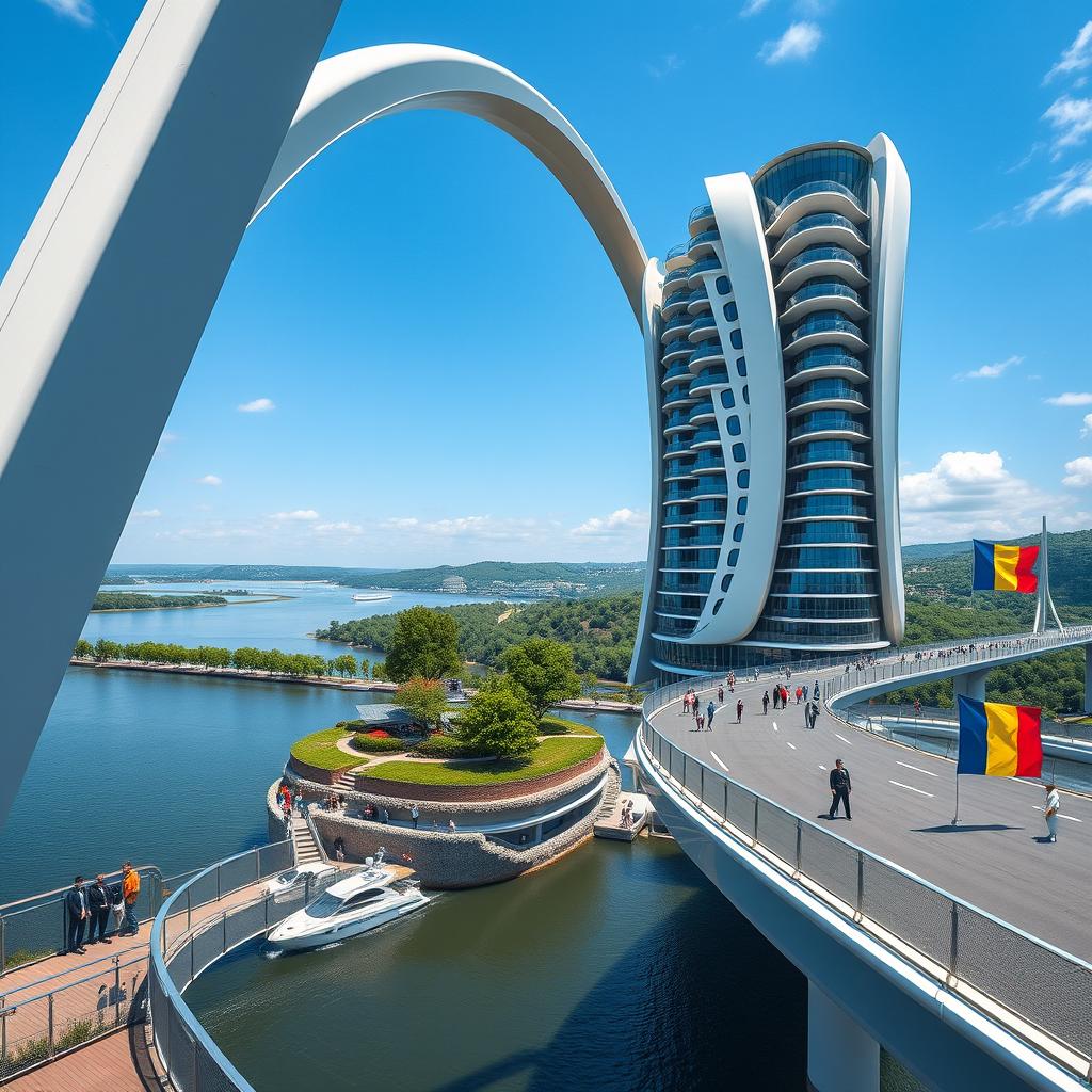 A spectacular view from an observation deck showcasing a bridge with high bionic arches