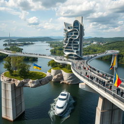 A spectacular view from an observation deck showcasing a bridge with high bionic arches