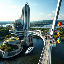 A spectacular view from an observation deck showcasing a bridge with high bionic arches