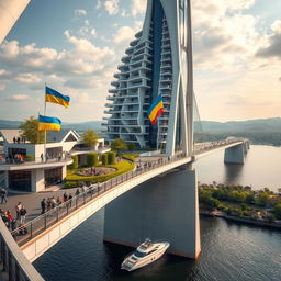 A spectacular view from an observation deck showcasing a bridge with high bionic arches