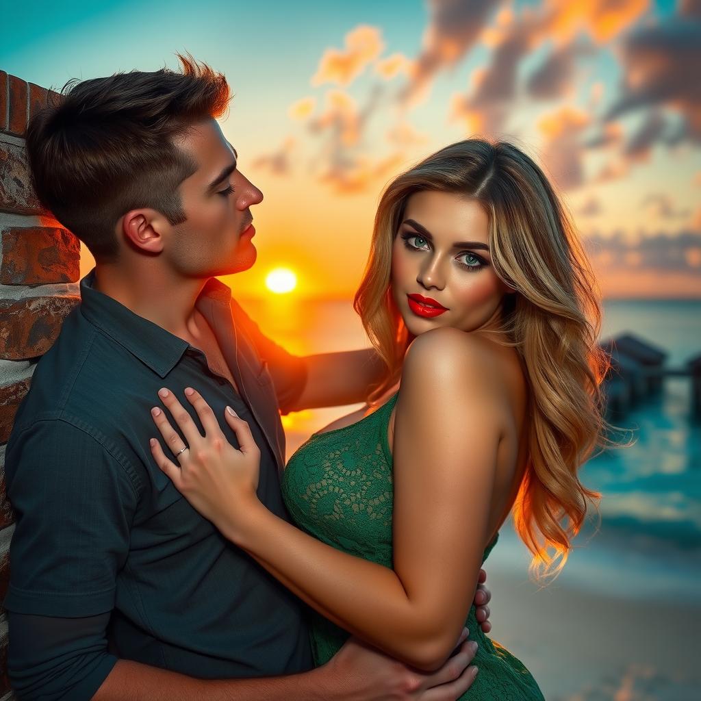 A passionate scene on a Bora Bora beach at sunset featuring a 30-year-old man with short brown hair and grey-blue eyes