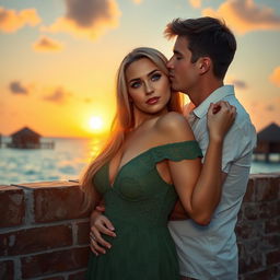 A passionate scene on a Bora Bora beach at sunset featuring a 30-year-old man with short brown hair and grey-blue eyes