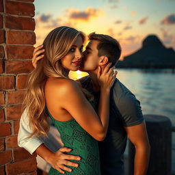 A passionate scene on a Bora Bora beach at sunset featuring a 30-year-old man with short brown hair and grey-blue eyes