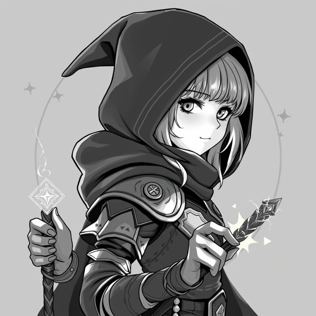 Anime style greyscale illustration of a female gnome warlock portrayed from the shoulders up, brimming with magical allure