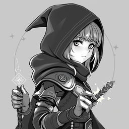 Anime style greyscale illustration of a female gnome warlock portrayed from the shoulders up, brimming with magical allure