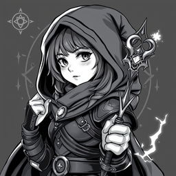 Anime style greyscale illustration of a female gnome warlock portrayed from the shoulders up, brimming with magical allure