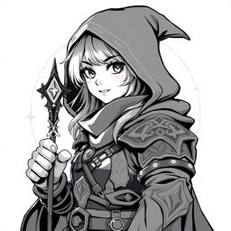 Anime style greyscale illustration of a female gnome warlock portrayed from the shoulders up, brimming with magical allure