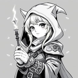 Anime style greyscale illustration of a female gnome warlock portrayed from the shoulders up, brimming with magical allure