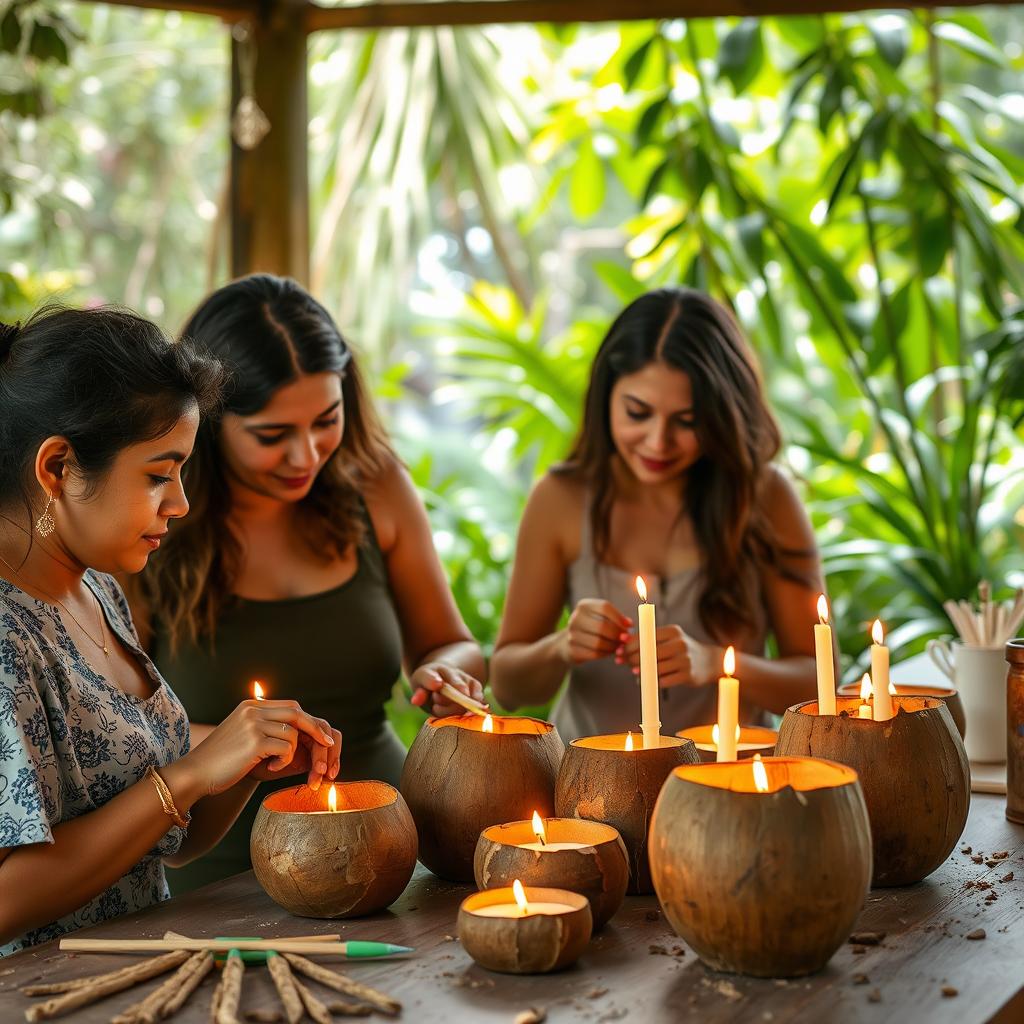 A candle-making workshop scene featuring Latin American individuals crafting aromatic candles