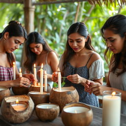 A candle-making workshop scene featuring Latin American individuals crafting aromatic candles