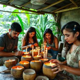 A candle-making workshop scene featuring Latin American individuals crafting aromatic candles