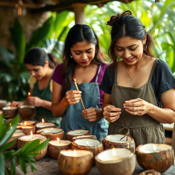 A candle-making workshop scene featuring Latin American individuals crafting aromatic candles