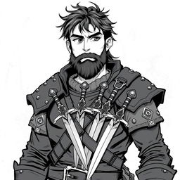 Anime style greyscale illustration of a male dwarf rogue depicted from the shoulders up