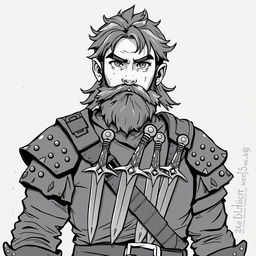 Anime style greyscale illustration of a male dwarf rogue depicted from the shoulders up