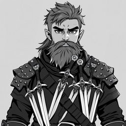 Anime style greyscale illustration of a male dwarf rogue depicted from the shoulders up