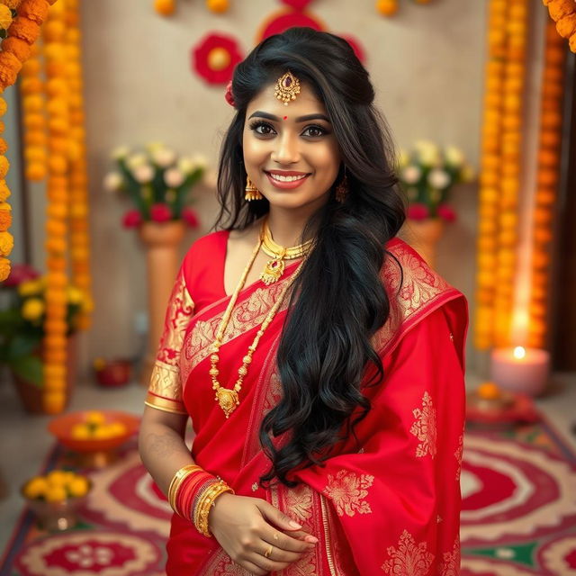 A beautiful Indian married girl wearing a vibrant red saree with gold embroidery, standing in a traditional Indian setting adorned with marigold flowers and intricate Rangoli designs