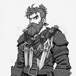 Anime style greyscale illustration of a male dwarf rogue depicted from the shoulders up