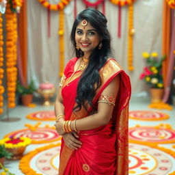 A beautiful Indian married girl wearing a vibrant red saree with gold embroidery, standing in a traditional Indian setting adorned with marigold flowers and intricate Rangoli designs