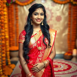 A beautiful Indian married girl wearing a vibrant red saree with gold embroidery, standing in a traditional Indian setting adorned with marigold flowers and intricate Rangoli designs