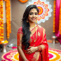 A beautiful Indian married girl wearing a vibrant red saree with gold embroidery, standing in a traditional Indian setting adorned with marigold flowers and intricate Rangoli designs