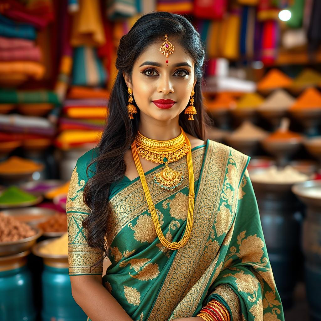 A beautiful Indian married woman wearing a traditional saree with intricate gold embroidery, adorned with gold jewelry including a maang tikka, bangles, and a necklace, standing gracefully