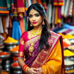 A beautiful Indian married woman wearing a traditional saree with intricate gold embroidery, adorned with gold jewelry including a maang tikka, bangles, and a necklace, standing gracefully