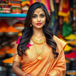 A beautiful Indian married woman wearing a traditional saree with intricate gold embroidery, adorned with gold jewelry including a maang tikka, bangles, and a necklace, standing gracefully