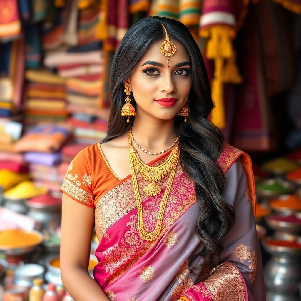 A beautiful Indian married woman wearing a traditional saree with intricate gold embroidery, adorned with gold jewelry including a maang tikka, bangles, and a necklace, standing gracefully