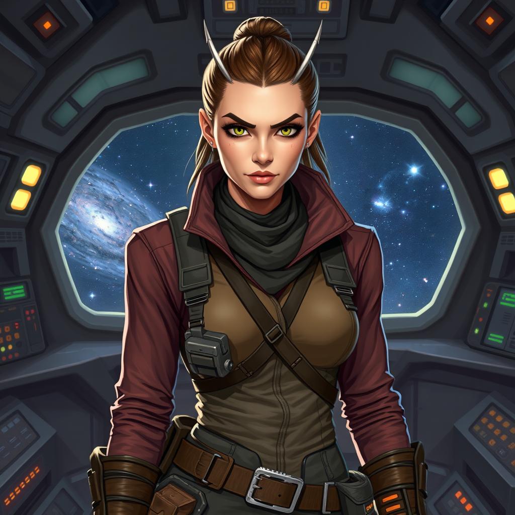 A striking female Balosar smuggler from Star Wars, with antennae poking from her head, dressed in a rugged yet stylish smuggler's attire