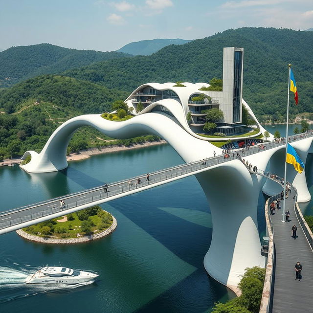 A panoramic view of a stunning bridge, no longer than 200 meters, adorned with high bionic arches