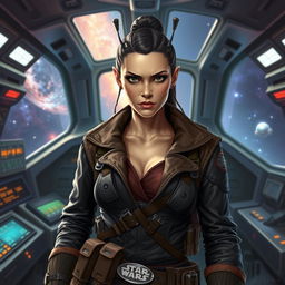 A striking female Balosar smuggler from Star Wars, with antennae poking from her head, dressed in a rugged yet stylish smuggler's attire