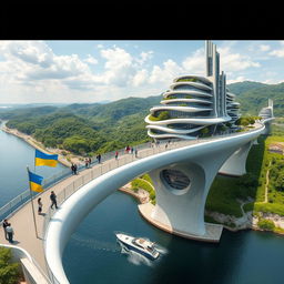 A panoramic view of a stunning bridge, no longer than 200 meters, adorned with high bionic arches