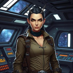 A striking female Balosar smuggler from Star Wars, with antennae poking from her head, dressed in a rugged yet stylish smuggler's attire