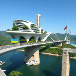 A panoramic view of a stunning bridge, no longer than 200 meters, adorned with high bionic arches