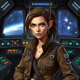 A striking female Balosar smuggler from Star Wars, with antennae poking from her head, dressed in a rugged yet stylish smuggler's attire