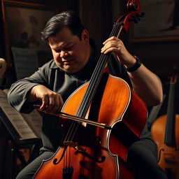 A chubby cello player, skillfully playing with intense focus