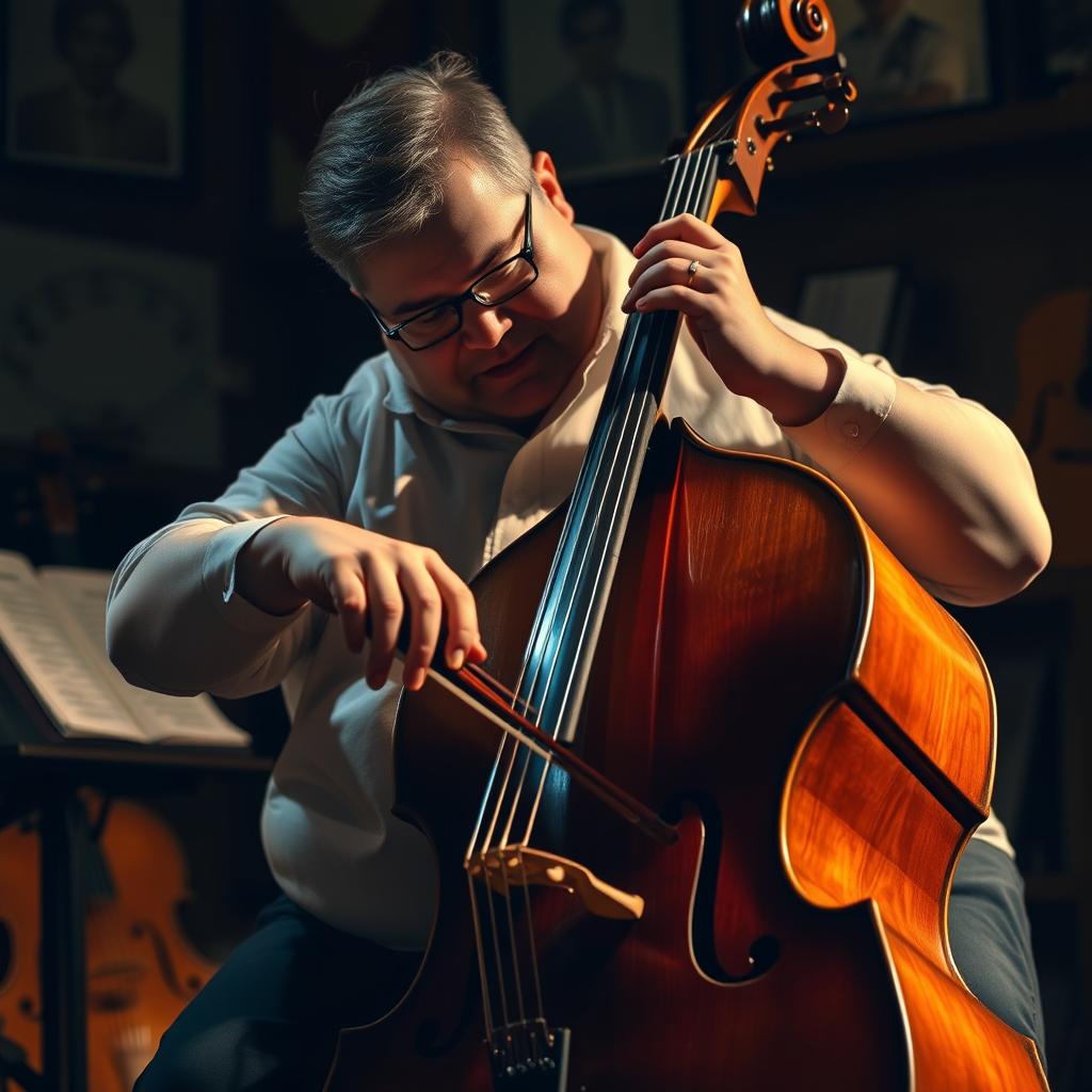 A chubby cello player, skillfully playing with intense focus