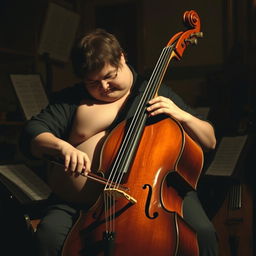 A chubby cello player, skillfully playing with intense focus