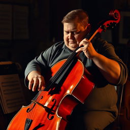 A chubby cello player, skillfully playing with intense focus