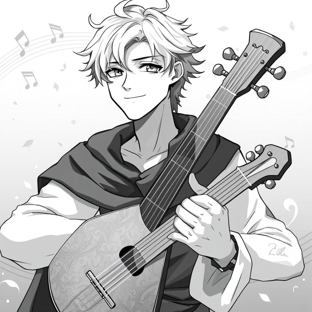 Anime style greyscale illustration of a male human bard rendered from the shoulders up