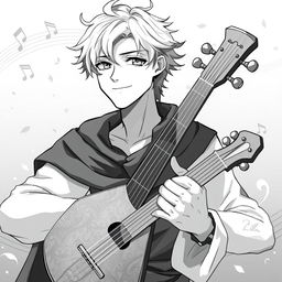 Anime style greyscale illustration of a male human bard rendered from the shoulders up