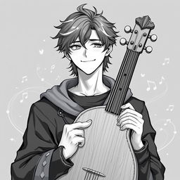 Anime style greyscale illustration of a male human bard rendered from the shoulders up